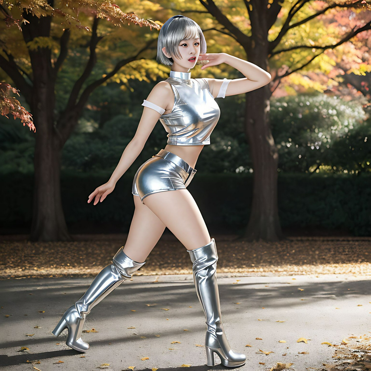 best quality,8k, realistic, masterpiece, RAW photo, low angle shot, Some tall Japanese voluptuous short-haired intelligent beautiful girl are dancing provocatively at the park in autumn.