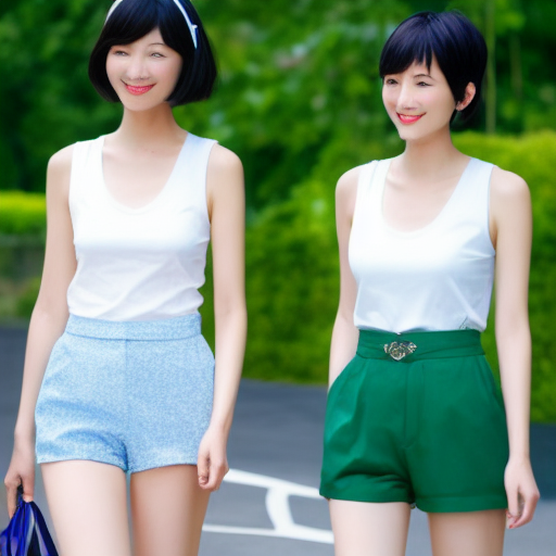 2 tall Japanese voluptuous short-haired intelligent beautiful girl are walking under the blue sky.