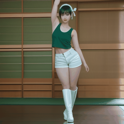 best quality,8k, realistic, masterpiece, RAW photo, a tall Japanese voluptuous short-haired intelligent beautiful girl dancing, wearing dark green headband, white hotpants, dark green tanktops, white long boots., no background