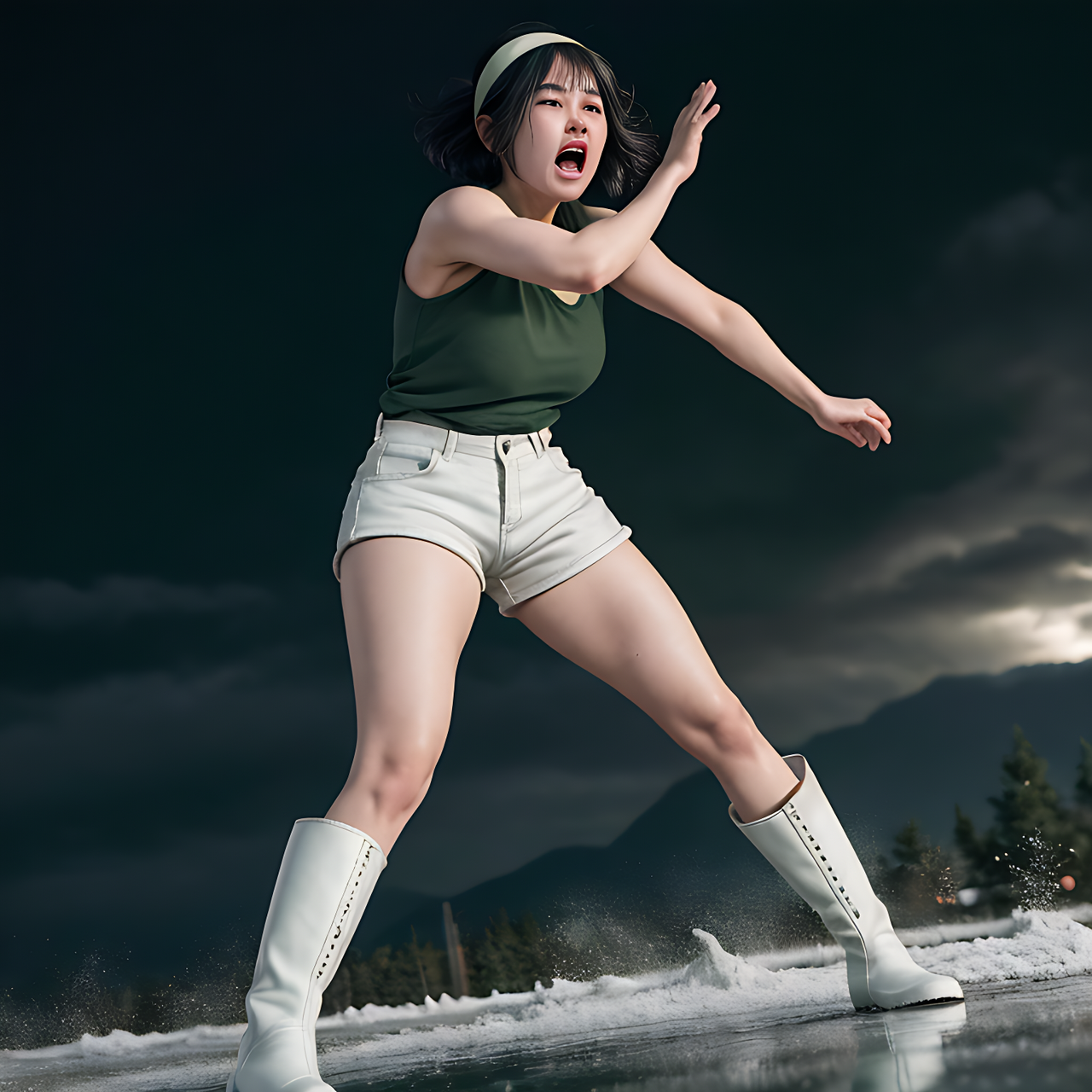 best quality,8k, realistic, masterpiece, RAW photo, low angle shot, full body, a tall Japanese voluptuous short-haired intelligent beautiful girl getting angry and crying in the storm, wearing dark green headband, white tight hot pants, dark green tank tops, white long boots.