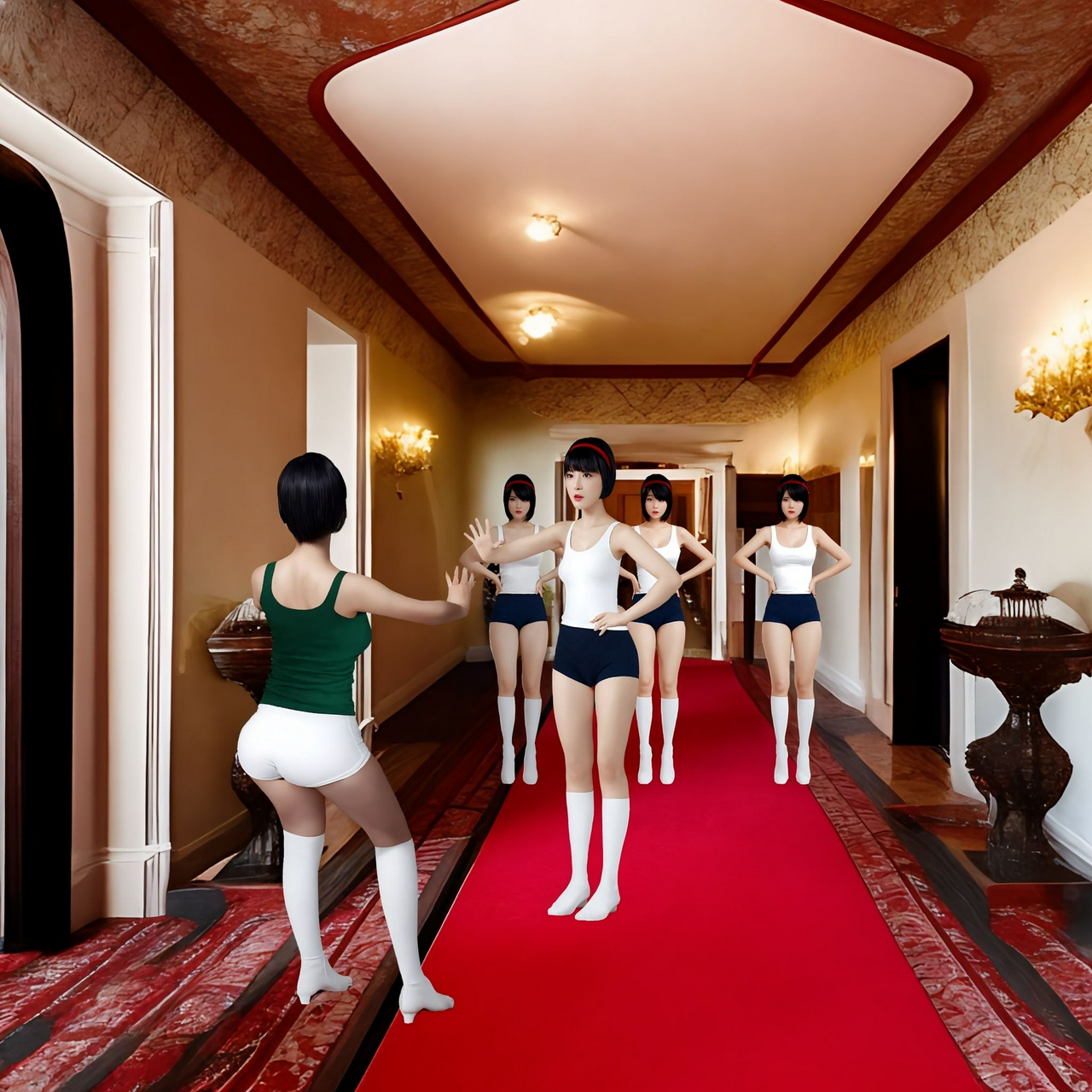 best quality,8k, realistic, masterpiece, RAW photo, 4 girls obstruct other one girl's way.