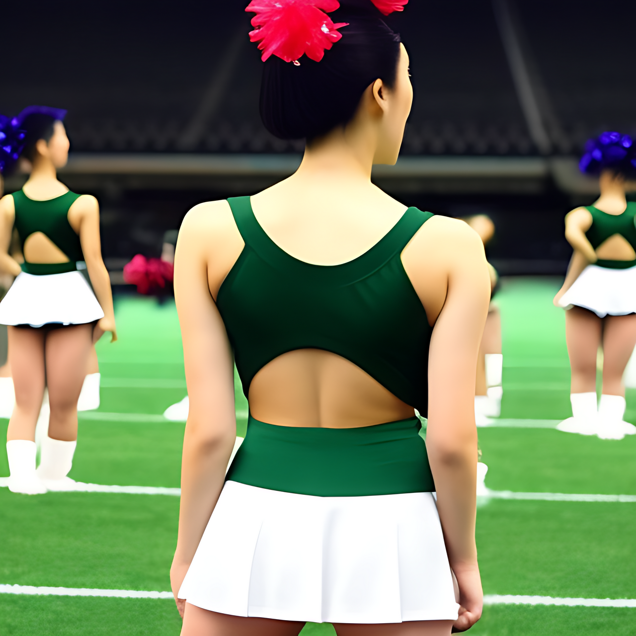 back view, Many tall Japanese voluptuous short-haired intelligent beautiful cheerleaders are dancing at the stadium.