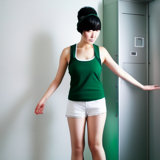 a full body portrait of a tall Japanese voluptuous short-haired intelligent beautiful girl storeing CD-ROMs into FIREPROOF SAFE FOR ELECTRONIC STORAGE MEDIUM, wearing dark green headband, white hot pants, dark green tank tops, white long boots.