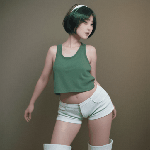 best quality,8k, realistic, masterpiece, RAW photo, a tall Japanese voluptuous short-haired intelligent beautiful girl dancing, wearing dark green headband, white hotpants, dark green tanktops, white long boots., no background