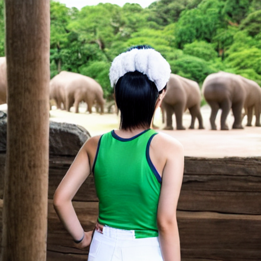 a tall Japanese girl watching a mastodon in the zoo, wearing white tight silky hot pants, dark green tank tops, white boots, dark green headband.