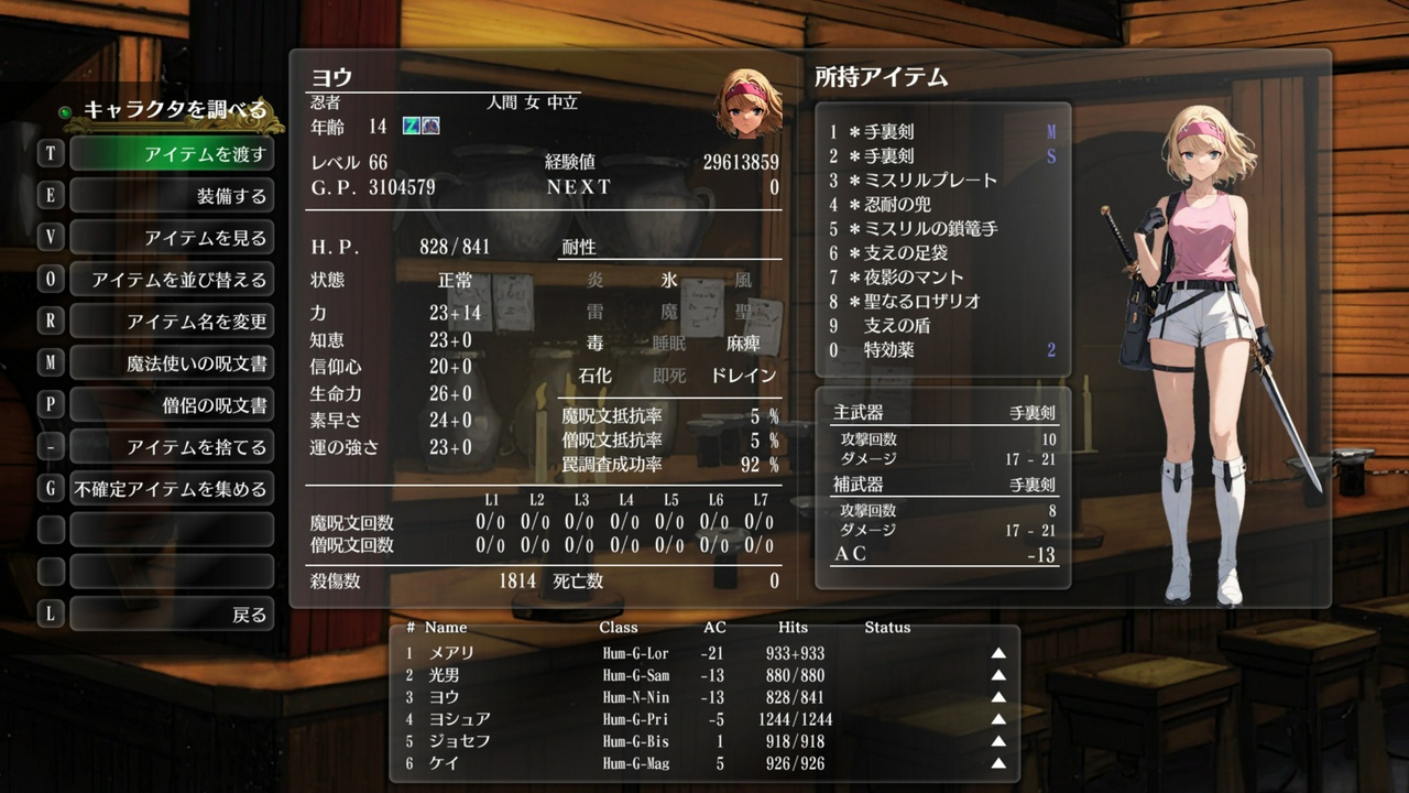 ヨウ（盗賊⇒忍者・人間・女・中立）：レベル66