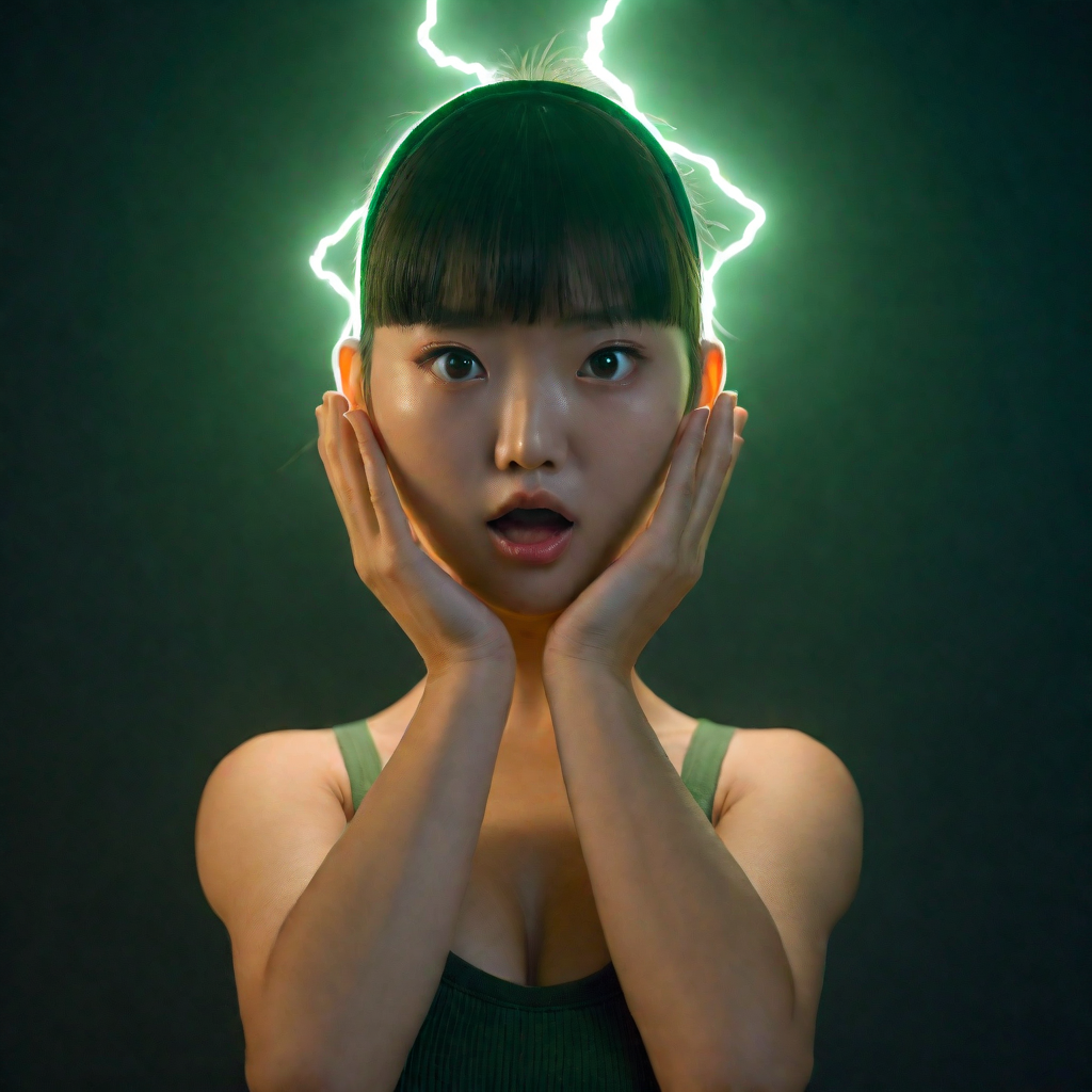 best quality,8k, realistic, masterpiece, RAW photo, Surprised expression of a tall Japanese large breasts wide-hipped short bowl cut haired intelligent beautiful girl, wearing dark green headbands, dark green tanktops with a large open chest area., midnight lightning