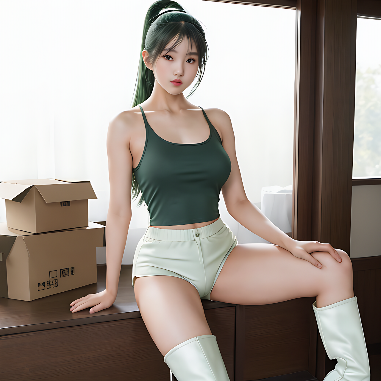best quality,8k, realistic, masterpiece, RAW photo, a tall Japanese voluptuous short-haidark green intelligent beautiful girl getting ready to move her house, wearing dark green headband, white tight silky hotpants, dark green tanktops with a large open chest area, white long boots.