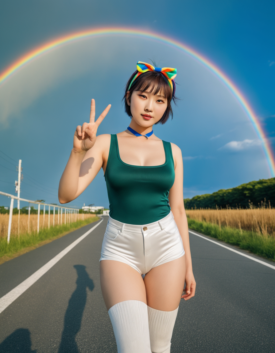 best quality,8k, realistic, masterpiece, RAW photo, a tall Japanese voluptuous short-haired intelligent beautiful girl standing with a V sign under the blue sky and rainbow, wearing, break, dark green headbands, break, dark green tanktops with a large open chest area, break, white tight silky hotpants, break,  white long boots.