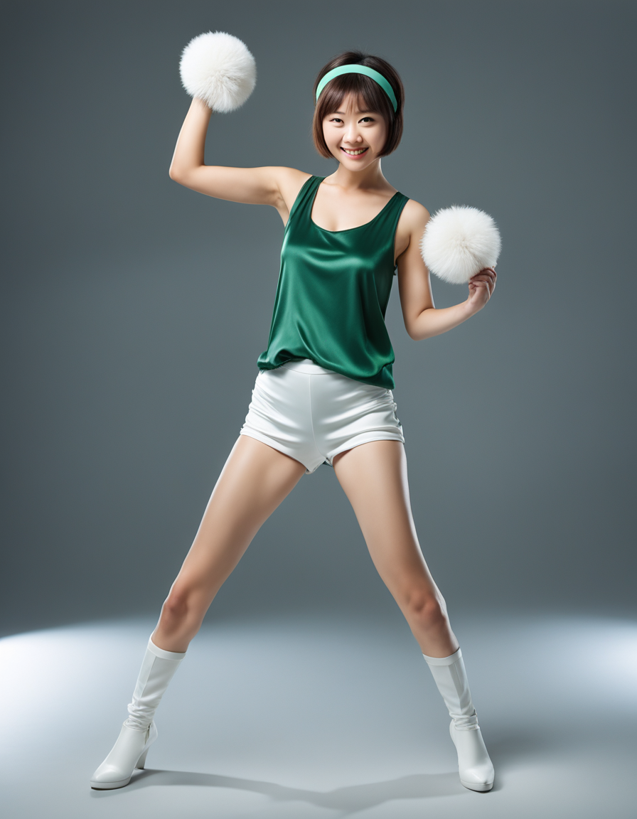 best quality, realistic, RAW photo, high angle shot, extremely detailed, full body, a tall ((Japanese)) large breasts wide-hipped short bobbed haired intelligent beautiful girl dancing desirably, cool beauty, holding pompons on both hands, wearing ((dark green headband)), ((dark green tanktops with a large open chest area)), ((white tight silky hotpants)), ((white knee boots)).