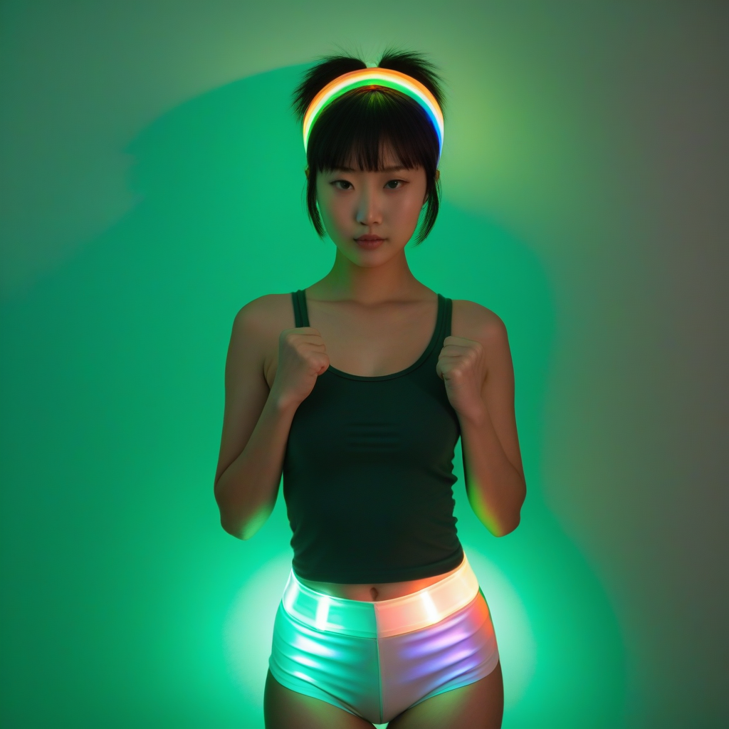 best quality,8k, realistic, masterpiece, RAW photo, a tall Japanese voluptuous short-haired intelligent beautiful girl clenching her fists in triumph in the dark room with rainbow backlights, wearing dark green headband, dark green tanktops with a large open chest area, white tight hotpants, white long boots.