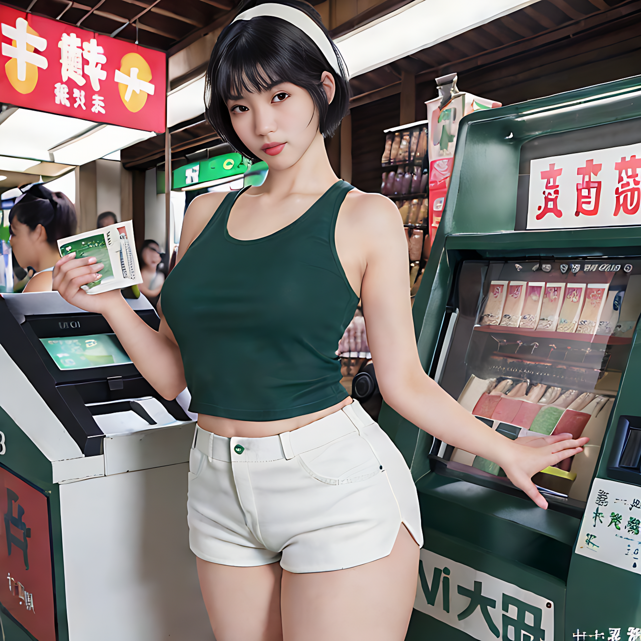 best quality,8k, realistic, masterpiece, RAW photo, a tall Japanese voluptuous short-haired intelligent beautiful girl buying a ticket at a vendinc machine, wearing dark green headbands, white tight hotpants, dark green tanktops, white boots.