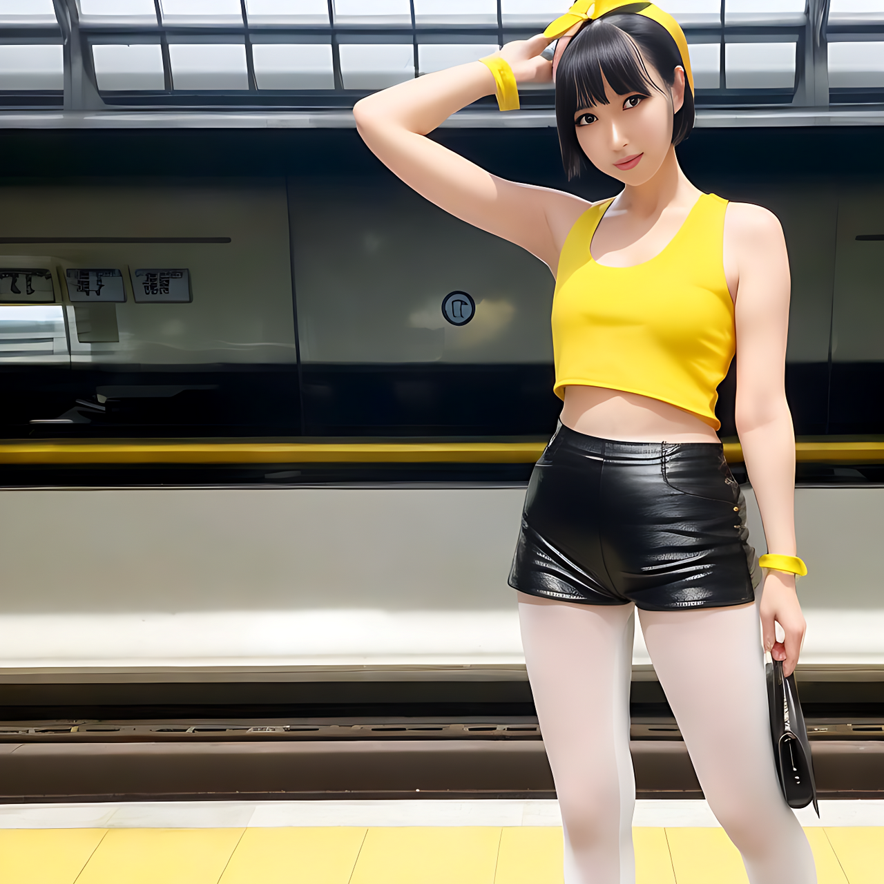 best quality, front view, a tall Japanese voluptuous short-haired intelligent beautiful girl standing at train station, wearing yellow headband, black leather hot pants, yellow tank tops, white long boots.
