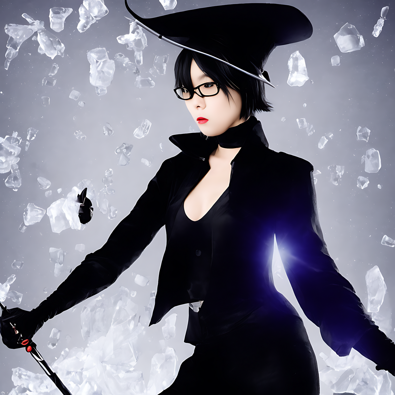 full body, a tall Japanese young voluptuous short-haired intelligent beautiful witch, using a magic of ice, wearing black pointy hat, black tight silky hot pants, black tank tops, black long boots, black coat, silver glasses, holding a magic wand.