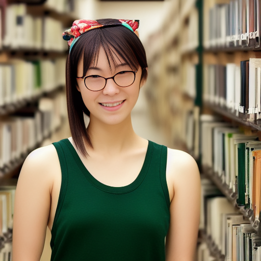 a full body portrait of a tall Japanese voluptuous short-haired intelligent beautiful girl studying at the library, wearing dark green headband, white gymnastic knickers, dark green tank tops, white long boots, white long boots.