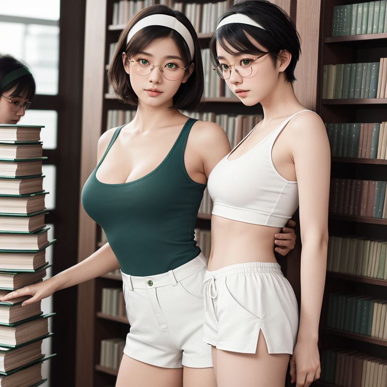 best quality,8k, realistic, masterpiece, RAW photo, front view, A tall Japanese voluptuous short-haired intelligent beautiful girl standing and looking for some books at the library, wearing glasses, dark green headband, white tight silky hotpants, dark green tanktops with a large open chest area, white long boots.