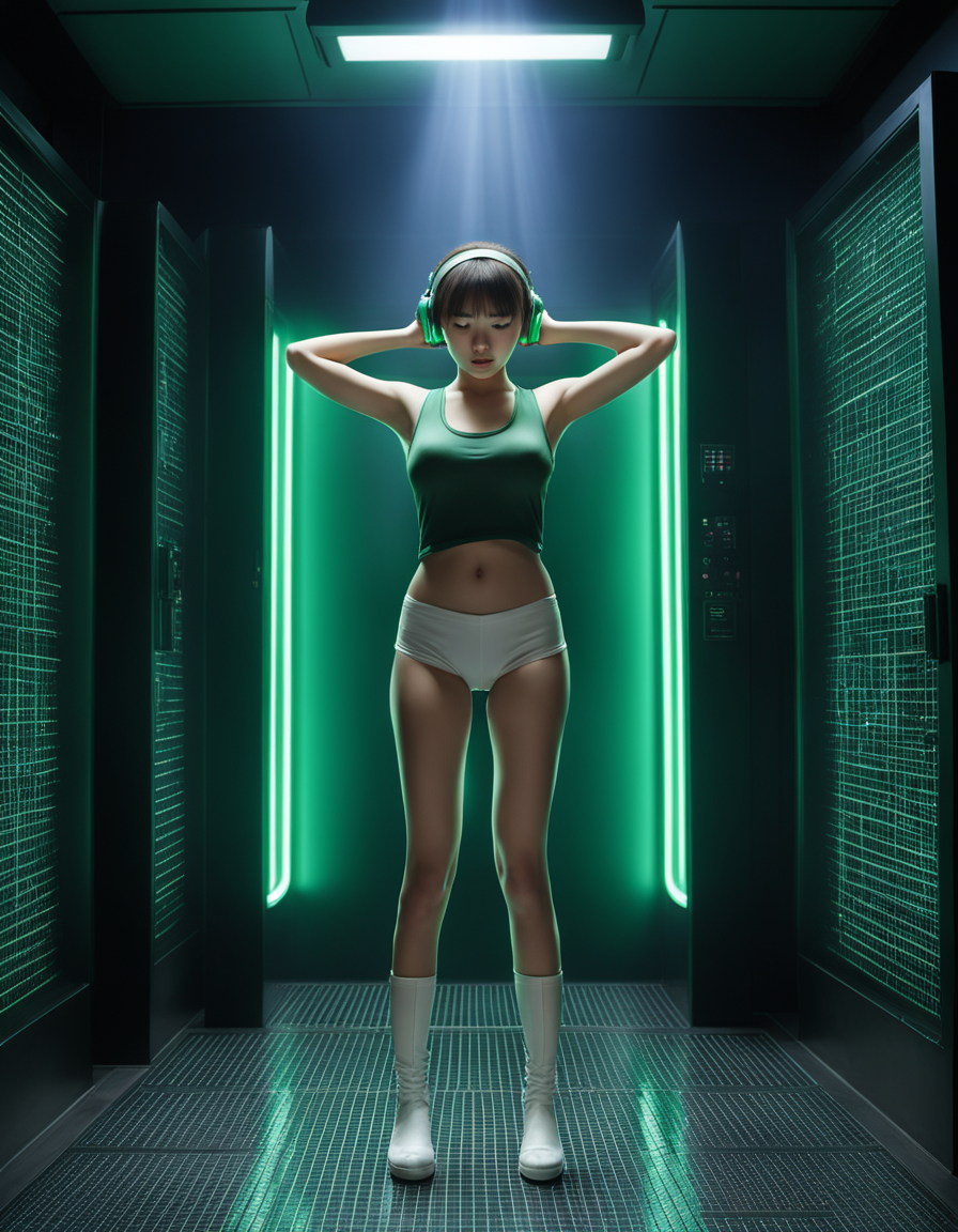 best quality, realistic, RAW photo, front view, extremely detailed, full body, a tall Japanese large breasts wide-hipped short bobbed haired intelligent beautiful girl emitting aura in the dark cyber room at midnight, opening her both arms, standing erect, closing eyes, cool beauty, wearing dark green headbands, dark green tanktops with a large open chest area, white tight silky hotpants, white long boots.
