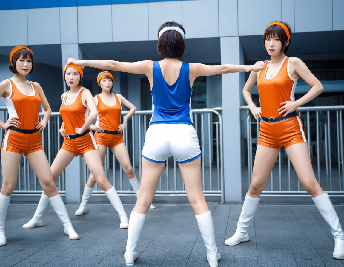 realistic, RAW photo, back view, a tall Japanese large breasts wide-hipped short bobbed haired intelligent beautiful girl wearing ((saphire blue headbands)), ((saphire blue tanktops with a large open chest area)), ((white tight silky hotpants)), ((white long boots)), is fighting against 4 tall evil Japanese large breasts wide-hipped short bobbed haired intelligent beautiful girls, cool beauty, exciting, forming lines and showing a fighting disposition, looking at the author, wearing ((orange headbands)), ((black leotard with a large open chest area)), ((orange hip girdle)), ((black long boots)), at the city plaza