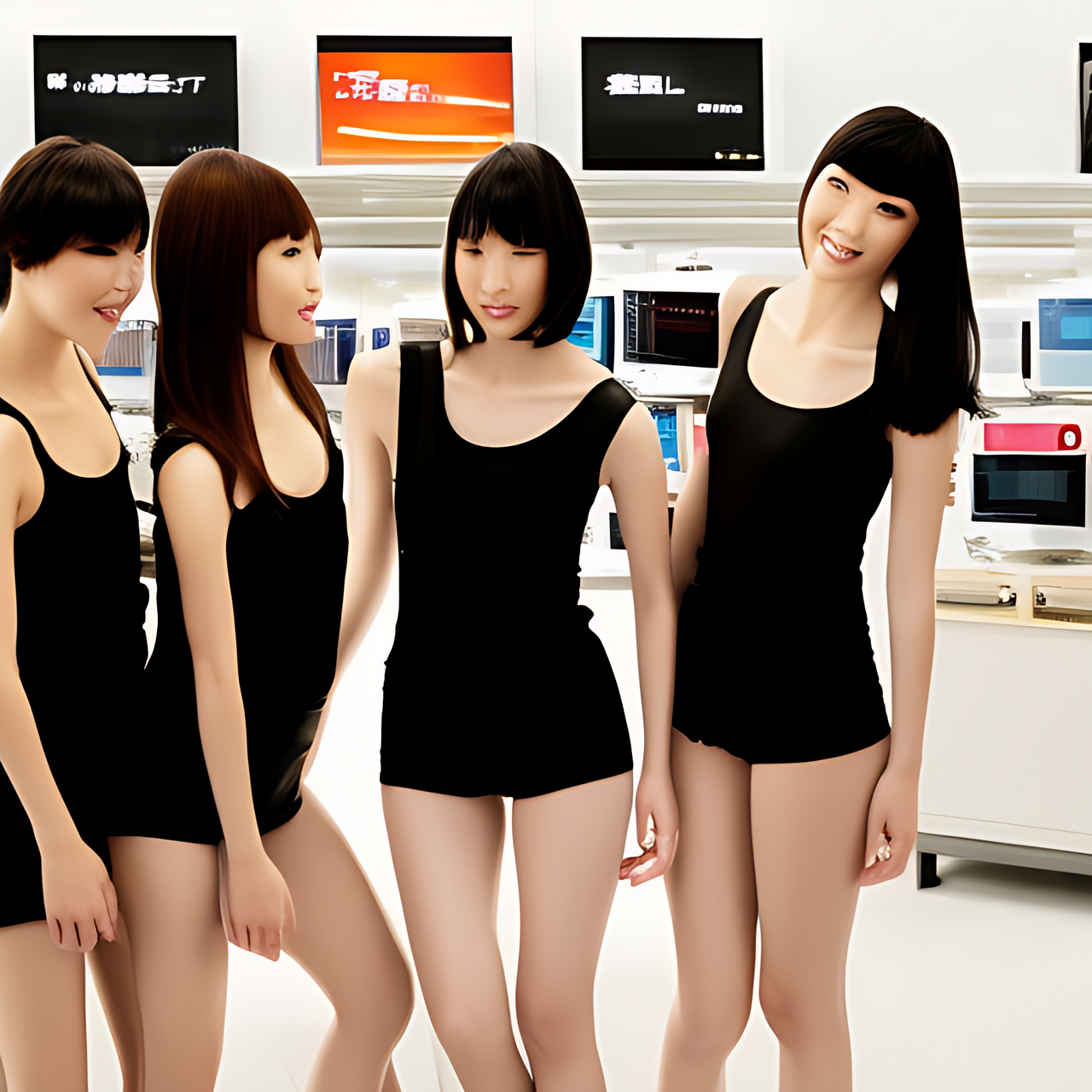 Some tall Japanese voluptuous short-haired intelligent beautiful models featured in an advertising campaign at the electronics retail store.