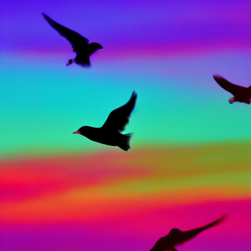 Some birds who have various colors are flying in the sky.