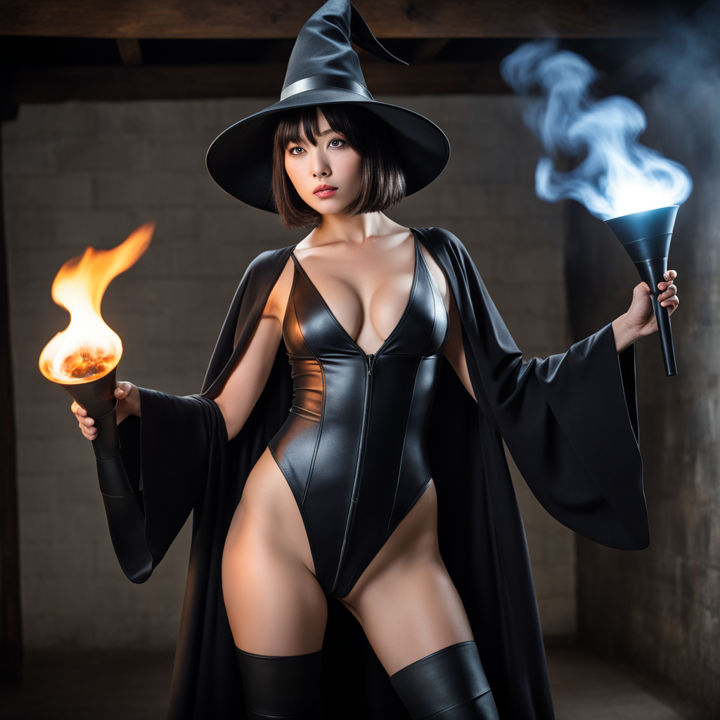 best quality, realistic, RAW photo, low angle shot, a tall ((Japanese)) large breasts wide-hipped short bobbed haired intelligent beautiful young witch, cool beauty, wearing ((black cone-shaped hat)), ((black robe)), ((black tanktops with a large open chest area)), ((black tight leather hotpants)), ((black long boots)), using both flame and ice magics at the dark basement labyrinth.