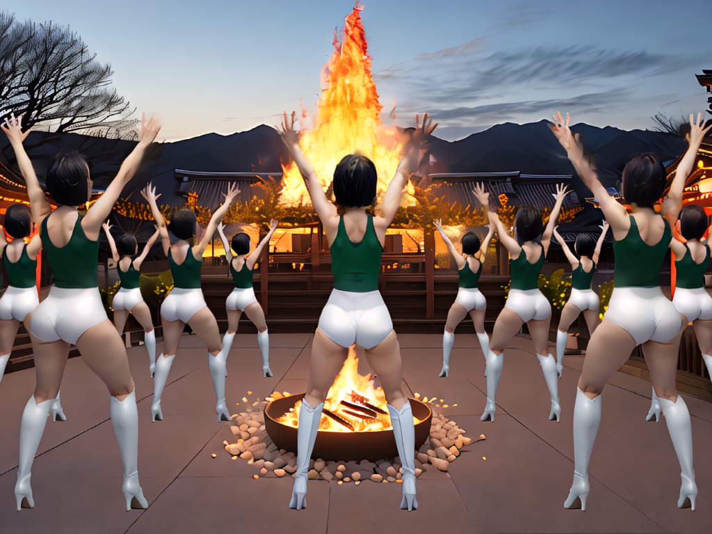 best quality,8k, realistic, masterpiece, RAW photo, back view, Some tall Japanese voluptuous short-haired intelligent beautiful girls are dancing to pray for rain in front of the temple.