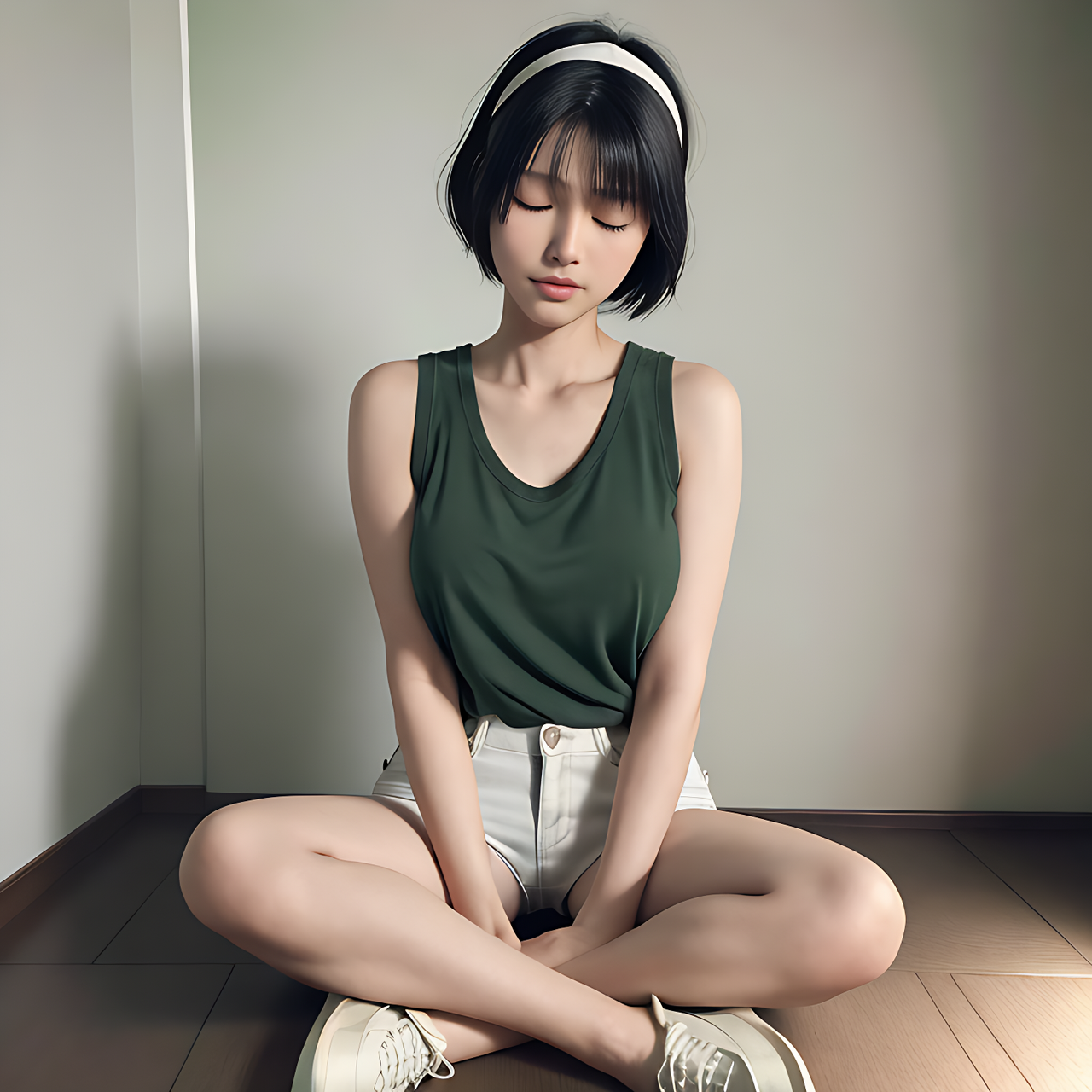 best quality,4k, realistic, masterpiece, RAW photo, front view, full body, a tall Japanese voluptuous short-haired intelligent beautiful girl sitting on the floor, closing eyes and mediating deeply in the dark room at midnight.