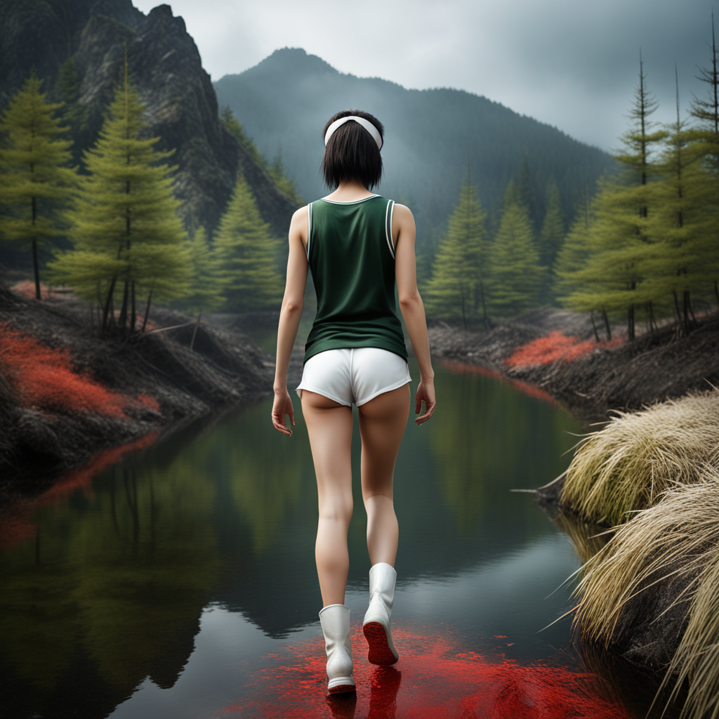 best quality, realistic, RAW photo, back view, a tall ((Japanese)) large breasts wide-hipped short bobbed haired intelligent beautiful girl walking the way in anguish near ((pond of blood)), ((mountain of needles)), ((hellfire)), wearing ((dark green headbands)), ((dark green tanktops with a large open chest area)), ((white tight silky hotpants)), ((white long boots)).