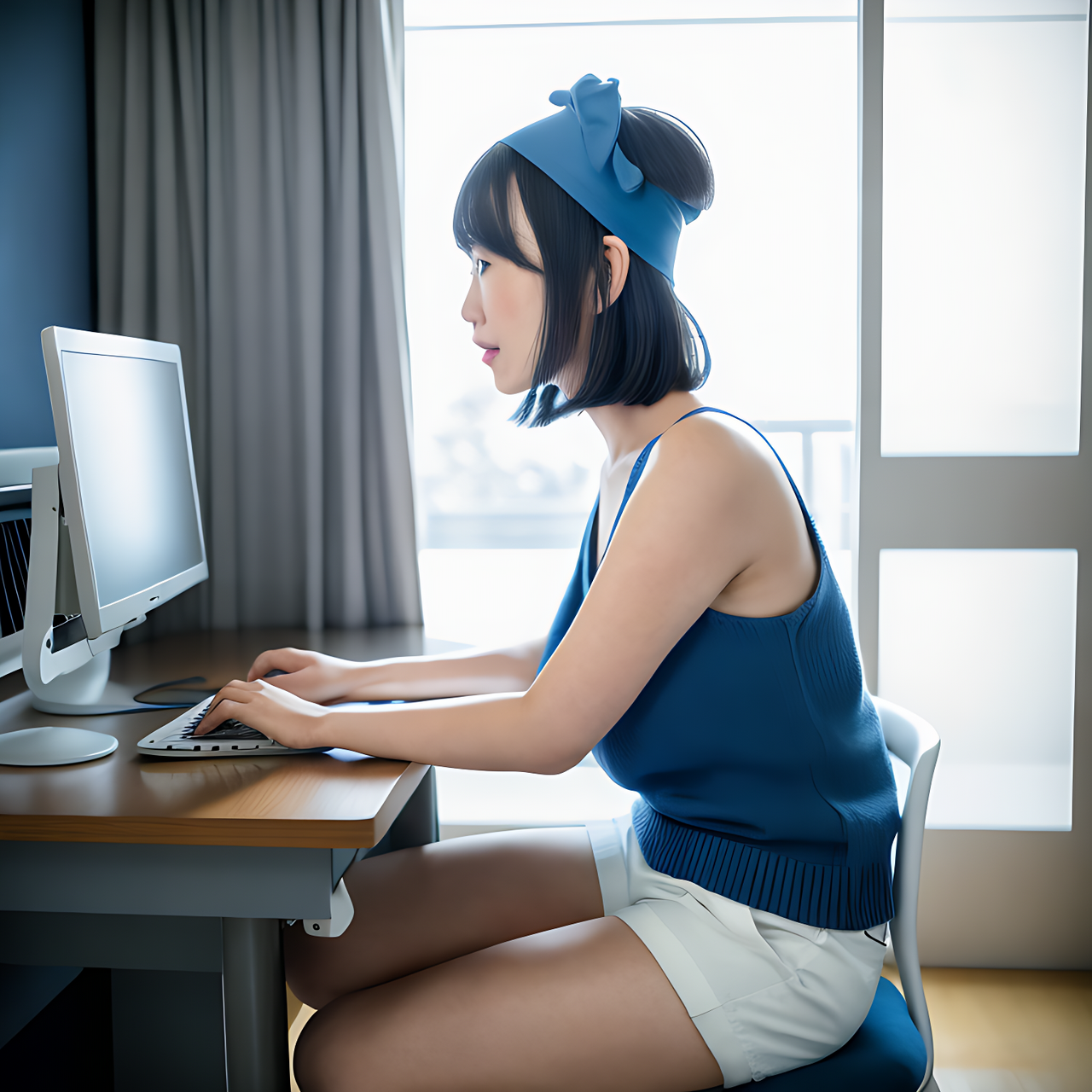 best quality,8k, realistic, masterpiece, RAW photo, low angle shot, a tall Japanese voluptuous short-haired intelligent beautiful girl sitting on the chair and  writing documents by her computer at her room, wearing blue headband, white tight hotpants, blue tanktops with a large open chest area, white long boots.