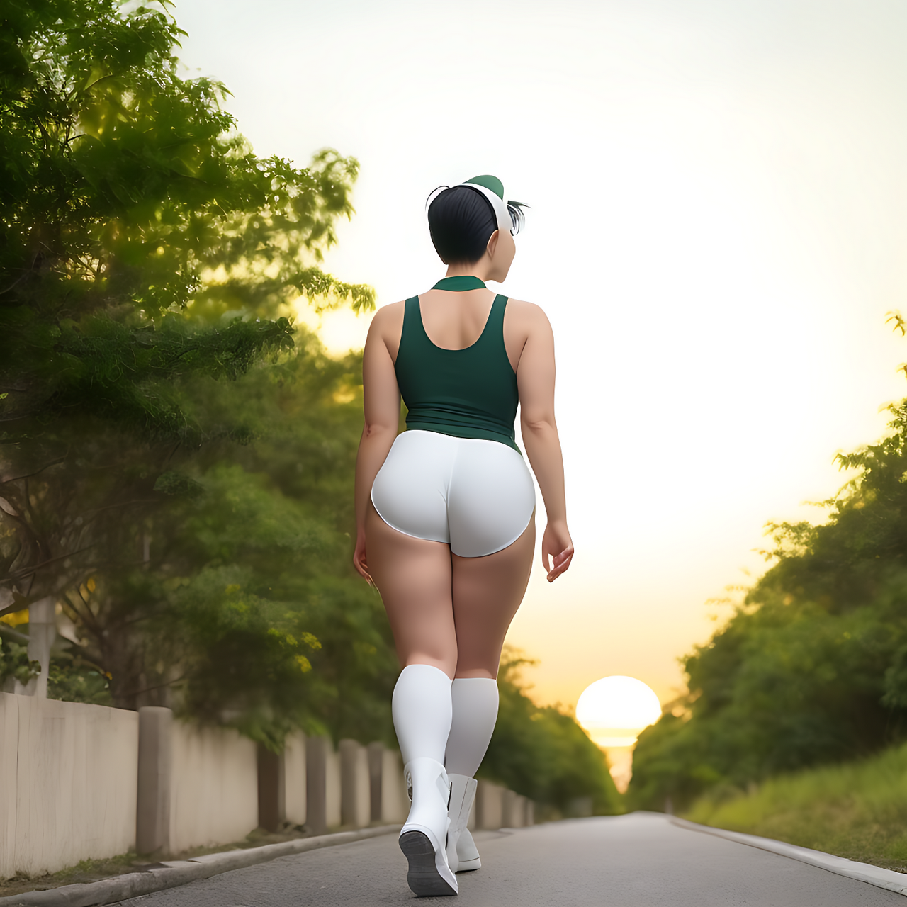 full body, low angle shot, back view, a tall Japanese voluptuous short-haired intelligent beautiful girl walking to sunrise in early morning, wearing dark green headband, white tight hot pants, dark green tank tops, white long boots.