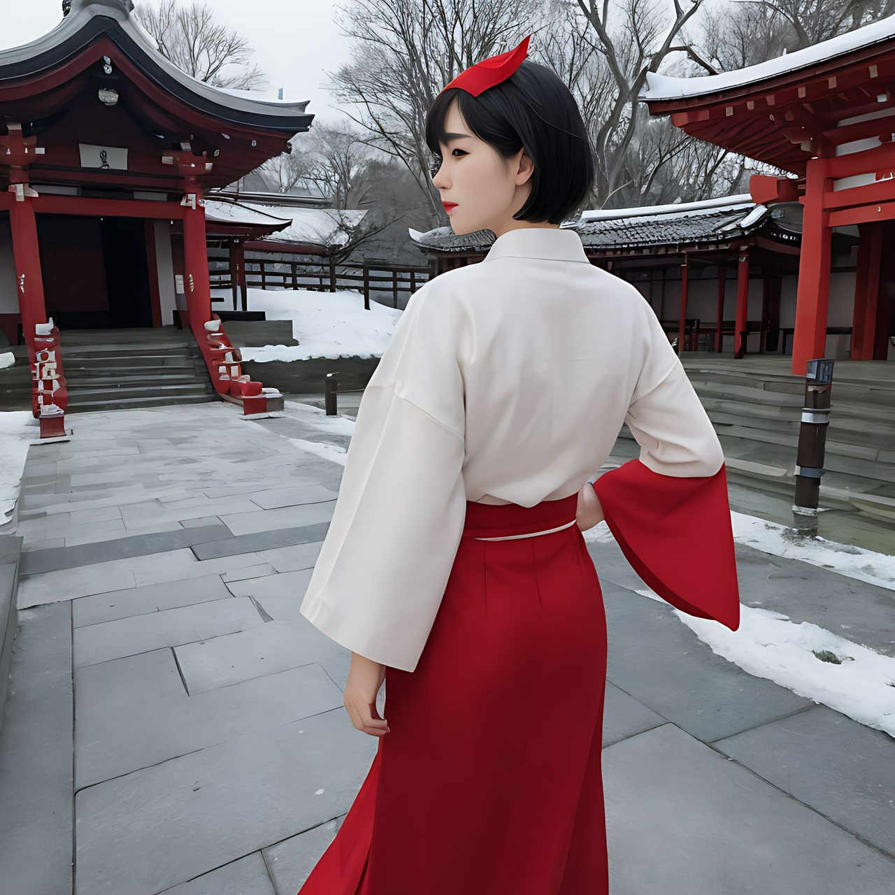 best quality,8k, realistic, masterpiece, RAW photo, back view, a tall Japanese voluptuous short-haired intelligent beautiful girl standing at the plaza in front of shrine, wearing red headband, red long skirt, white shrine maiden cloth, white long boots.