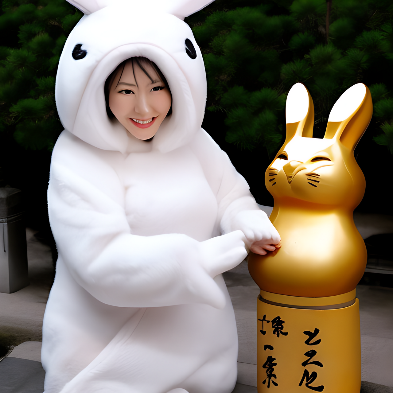 a tall Japanese voluptuous short-haired intelligent beautiful girl in bunny suit and bunny ears, and a white manekineko, in front of the shrine.