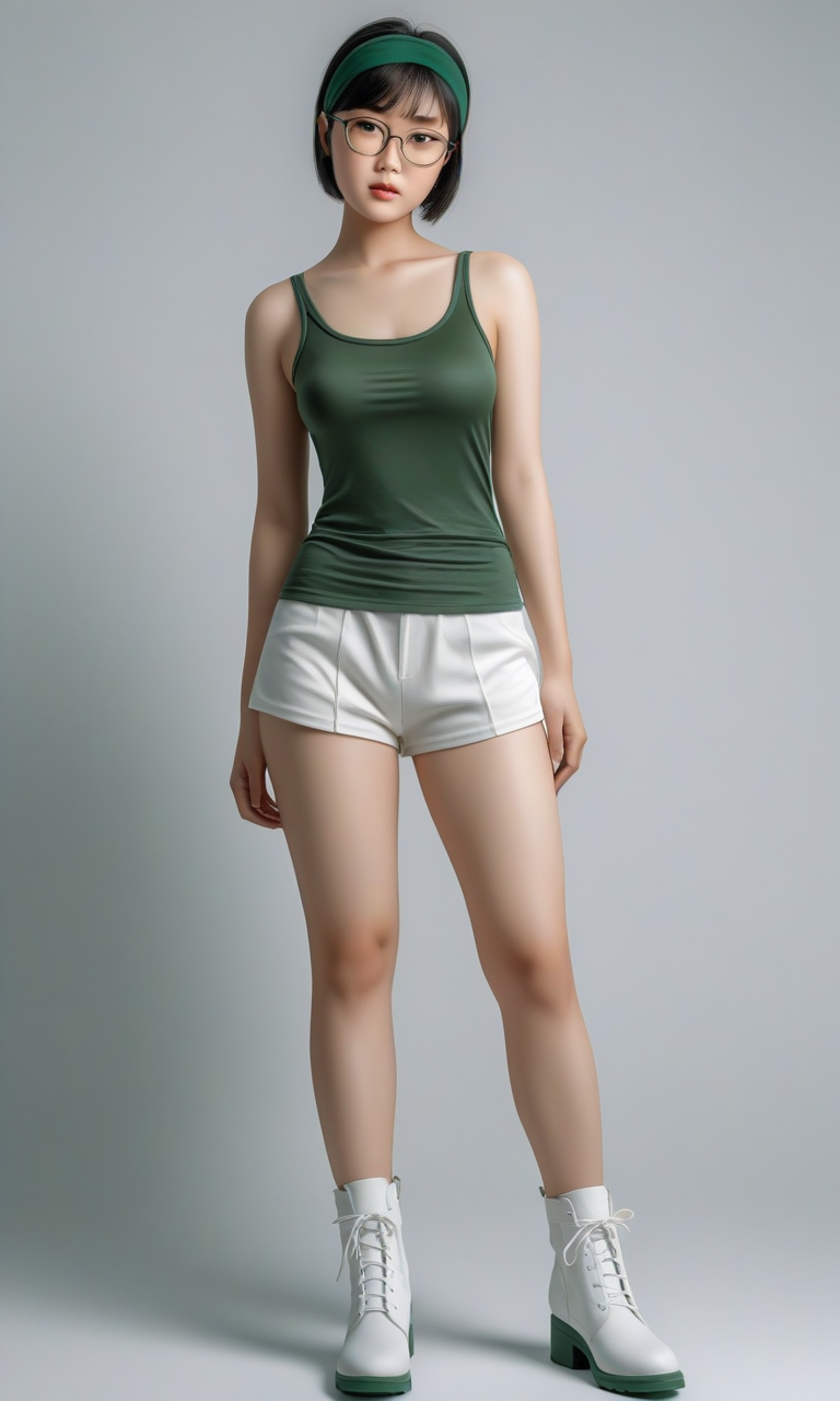 best quality,8k, realistic, masterpiece, RAW photo, full body, a tall Japanese voluptuous short-haired intelligent beautiful girl with fascinating face, standing in the model's pose, wearing glasses, dark green headbands, dark green tanktops, white tight silky hotpants, white long boots.
