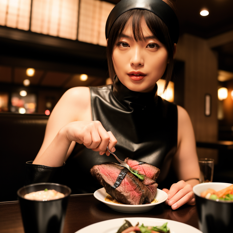 best quality,8k, realistic, masterpiece, RAW photo, low angle shot, a tall Japanese voluptuous short-haired intelligent beautiful girl eating a steak at a restaurant, wearing black headband, black leather hotpants, black tanktops, black long boots.