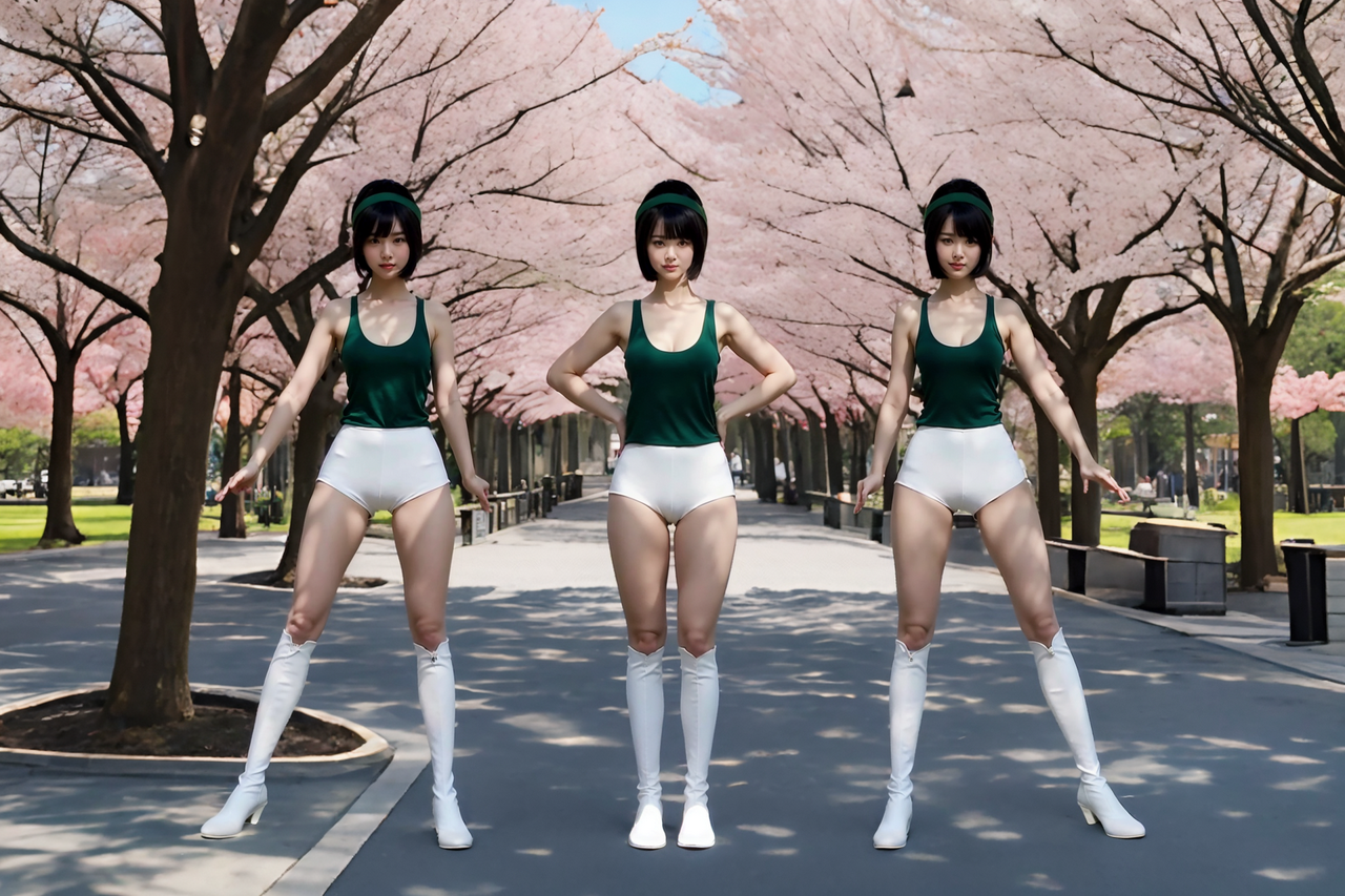best quality,8k, realistic, masterpiece, RAW photo, 3 tall Japanese voluptuous short-haired intelligent beautiful girls are standing at the Japanese park in Spring sunny day, exciting.