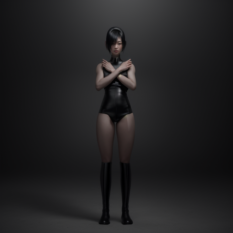 best quality,8k, realistic, masterpiece, RAW photo, a tall Japanese voluptuous short-haired intelligent beautiful girl standing and crossing her arms, wearing black headband, black leather hotpants, black tanktops, black long boots., lighting from bellow