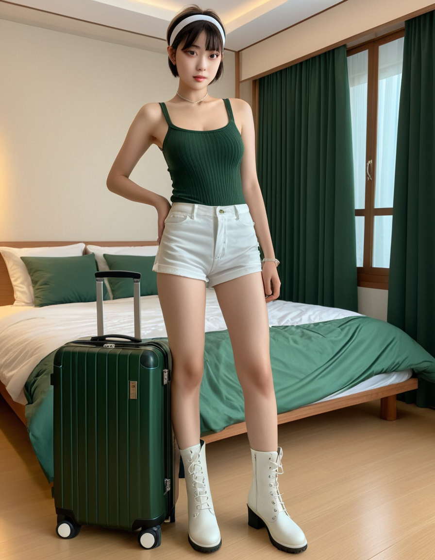 best quality,8k, realistic, masterpiece, RAW photo, a tall Japanese voluptuous short-haired intelligent beautiful girl packing for a long trip in summer vacation at her room, wearing dark green headbands, dark green tanktops, white hotpants, white long boots.