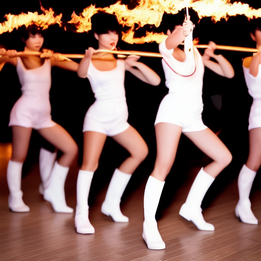 front view, Some tall Japanese voluptuous short-haired intelligent beautiful girls are forming in lines and doing fire twirling at the dance hall.