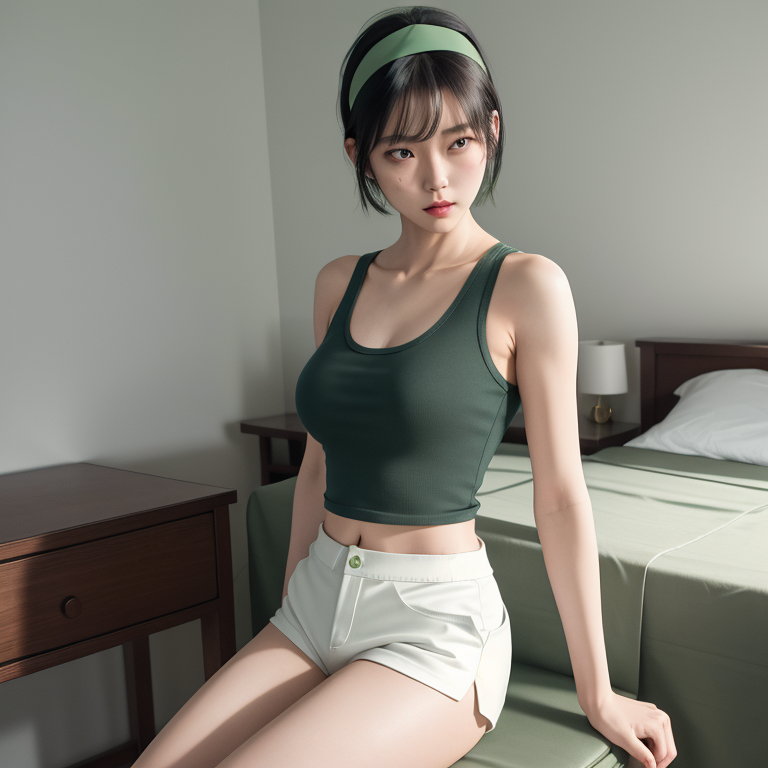 best quality,8k, realistic, masterpiece, RAW photo, a tall Japanese voluptuous short-haired intelligent beautiful girl having a bad headache and leaning on the chair in her room, wearing dark green headband, dark green tanktops with a large open chest area, white tight hotpants, white long boots.