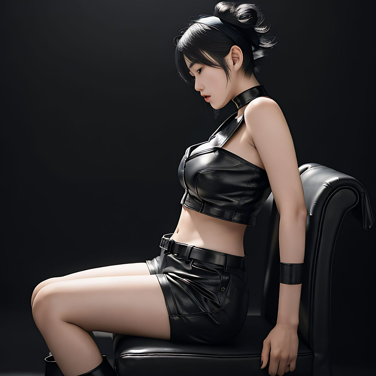best quality,8k, realistic, masterpiece, RAW photo, side view, a tall Japanese voluptuous short-haired intelligent beautiful girl being so tired and sitting on the chair in the dark room, wearing black headband, black leather hotpants, black tanktops with a large open chest area, black long boots.