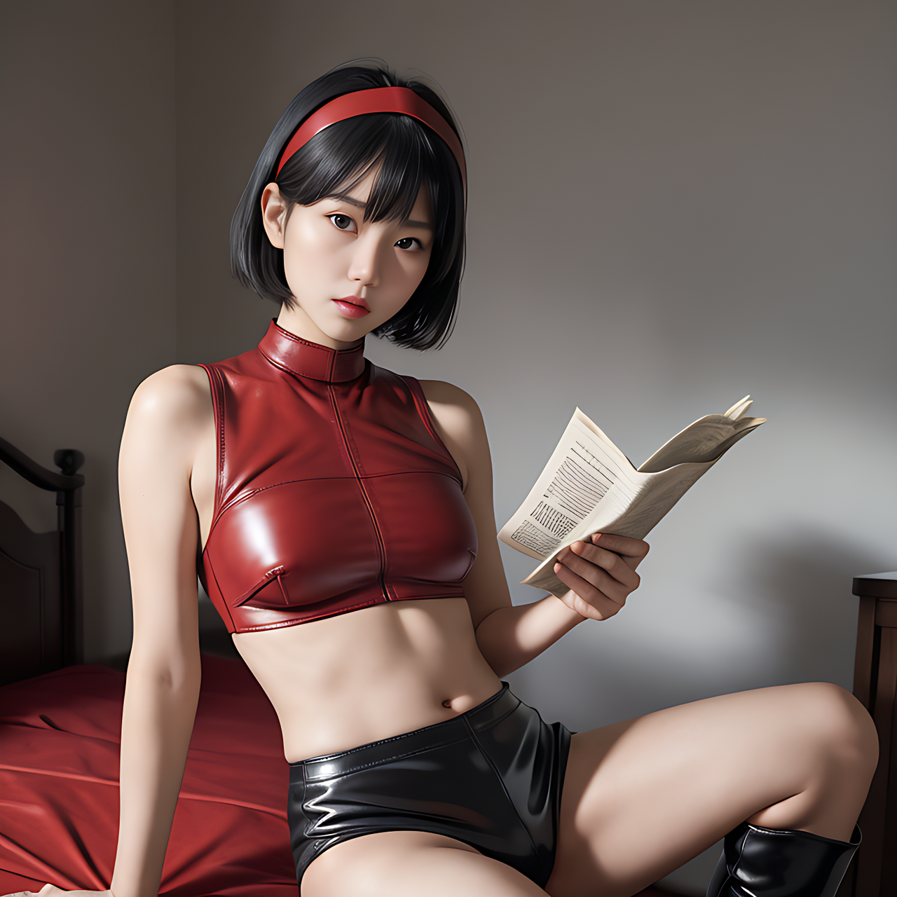 best quality,8k, realistic, masterpiece, RAW photo, front view, a tall Japanese voluptuous short-haired intelligent beautiful girl reading papers and considering something in her room, wearing red headbands, black tight leather hotpants, red tanktops with a large open chest area, black long boots.