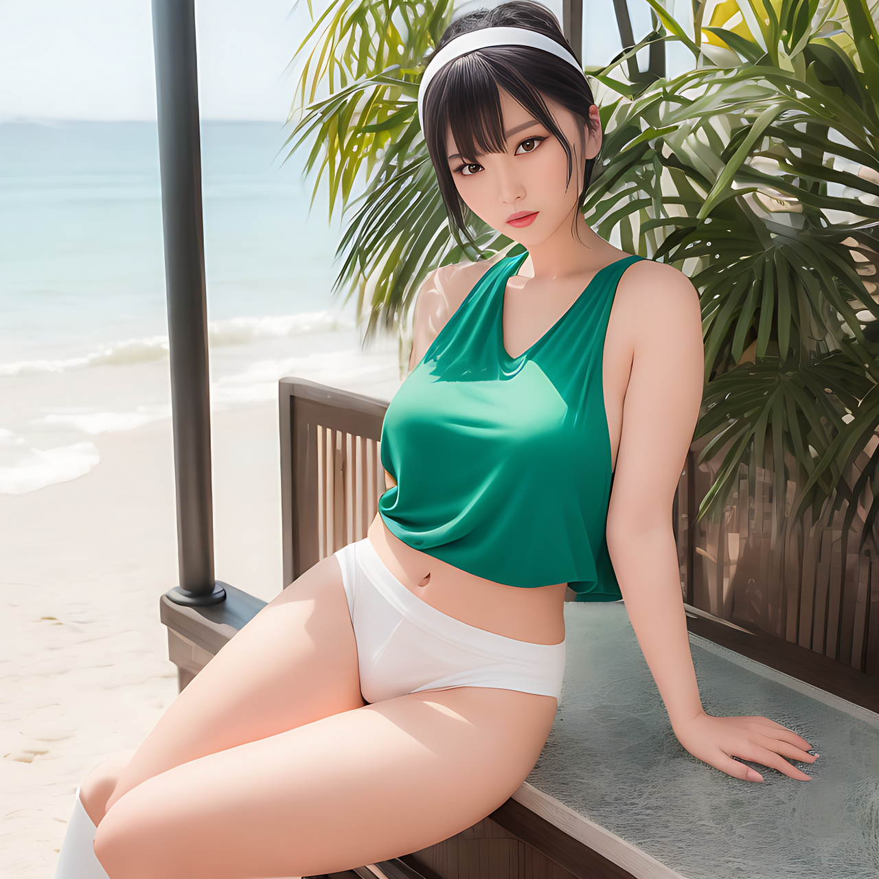 best quality,8k, a full body portrait of a tall Japanese voluptuous short-haired intelligent beautiful girl at a cafe in front of the beach in summer, wearing dark green headband, white tight silky hotpants, dark green tanktops, white long boots.