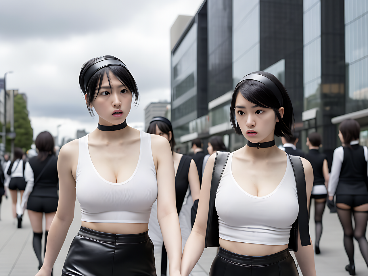 best quality,8k, realistic, masterpiece, RAW photo, Many tall Japanese voluptuous short-haired intelligent beautiful girls with inexpressive faces are walking in the city in the cloudy day.