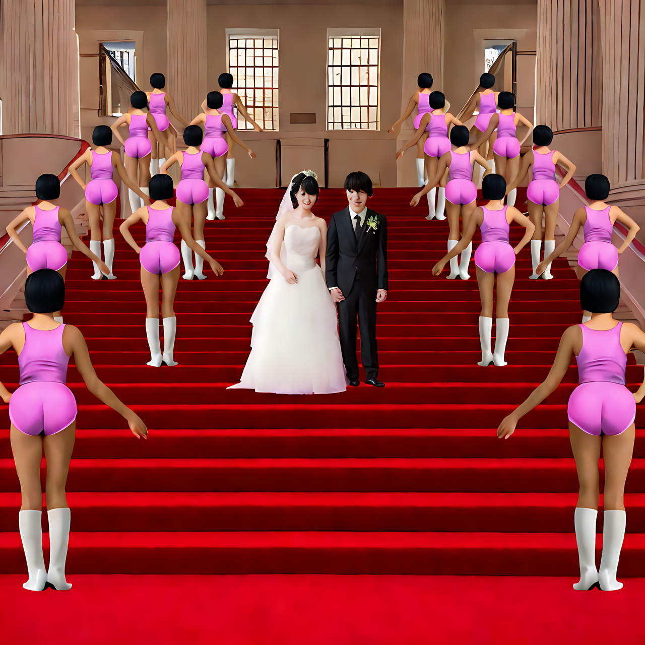 tall Japanese voluptuous short-haired intelligent beautiful dancers and Japanese young bride and groom at stairs in the hall