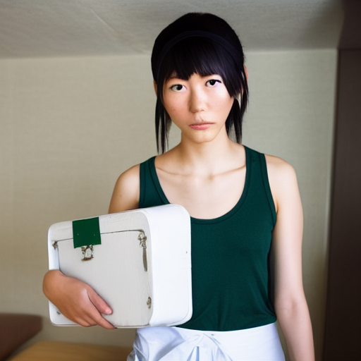 a tall Japanese girl bracing frantically in front of her cashbox to guard it, wearing white gymnastic knickers, dark green tank tops, white boots, dark green headband.
