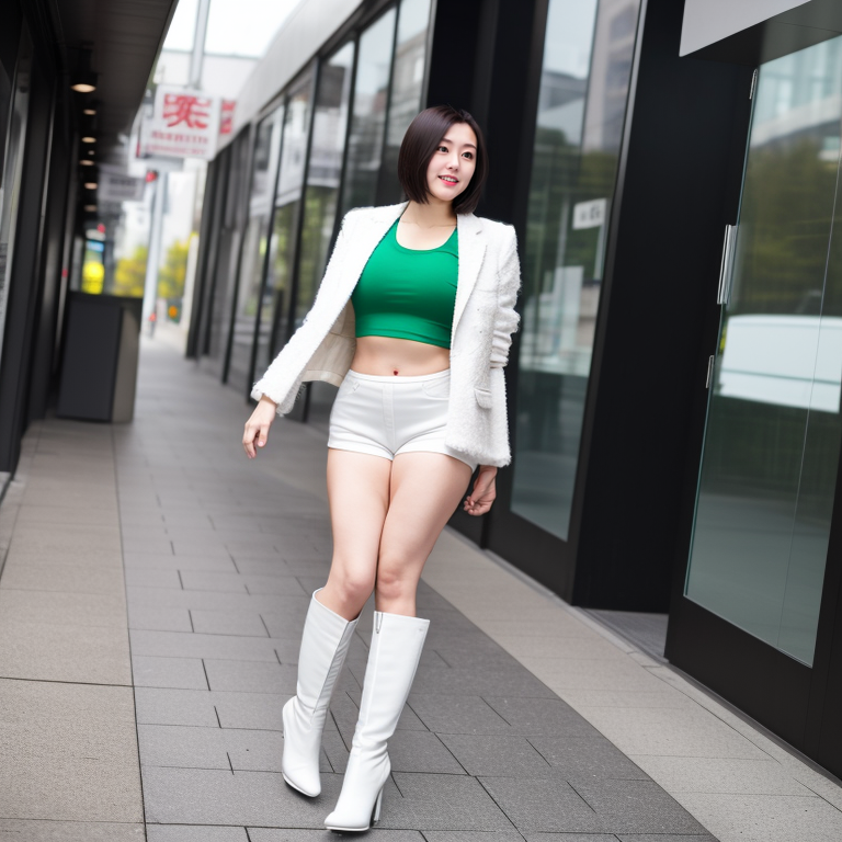 best quality,8k, realistic, masterpiece, RAW photo, high angle shot, a tall Japanese voluptuous short-haired intelligent beautiful girl walking in business district, wearing white jacket, white hat, white tight silky hotpants, dark green tanktops, white long boots.