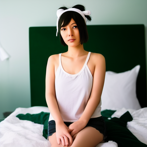 head to leg, wide shot, a full body portrait of a tall Japanese voluptuous short-haired intelligent beautiful girl having a bad headache in her room, wearing dark green headband, white hot pants, dark green tank tops, white long boots, white long boots.