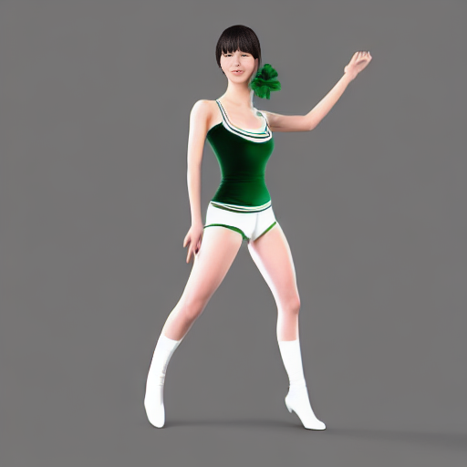 (錬成後比較的マシだったものその1)a full body portrait of a tall Japanese voluptuous short-haired intelligent beautiful girl opening legs in front and behind like running and bending waist at the dance hall, wearing dark green headband, white gymnastic knickers, dark green tank tops, white long boots, white long boots., CGI