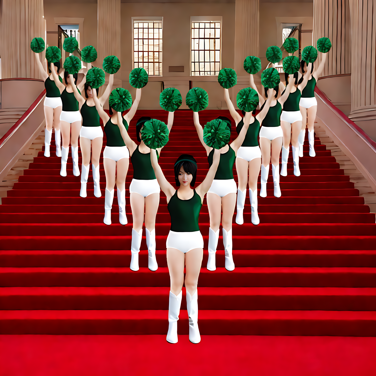 tall Japanese voluptuous short-haired intelligent beautiful cheerleaders are raising their hands with ponpons at stairs in the hall.