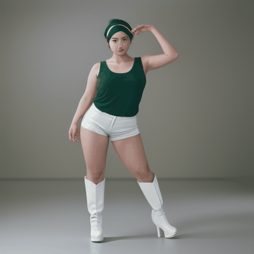 best quality,8k, realistic, masterpiece, RAW photo, a tall Japanese voluptuous short-haired intelligent beautiful girl dancing, wearing dark green headband, white hotpants, dark green tanktops, white long boots., no background